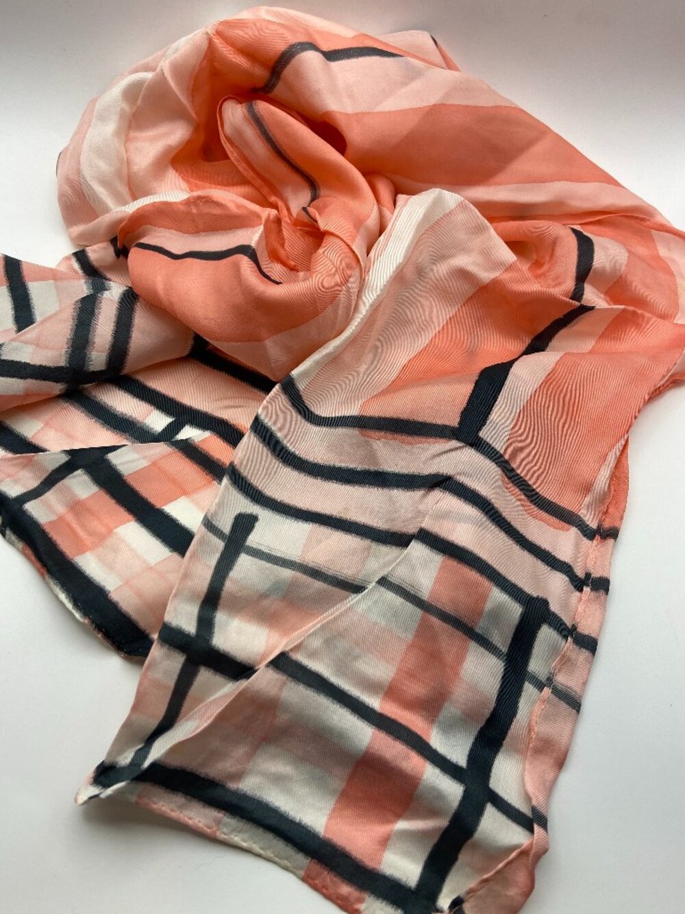 Vintage Long Scarf 70's Vertical Stripes Coral White Black and Pink